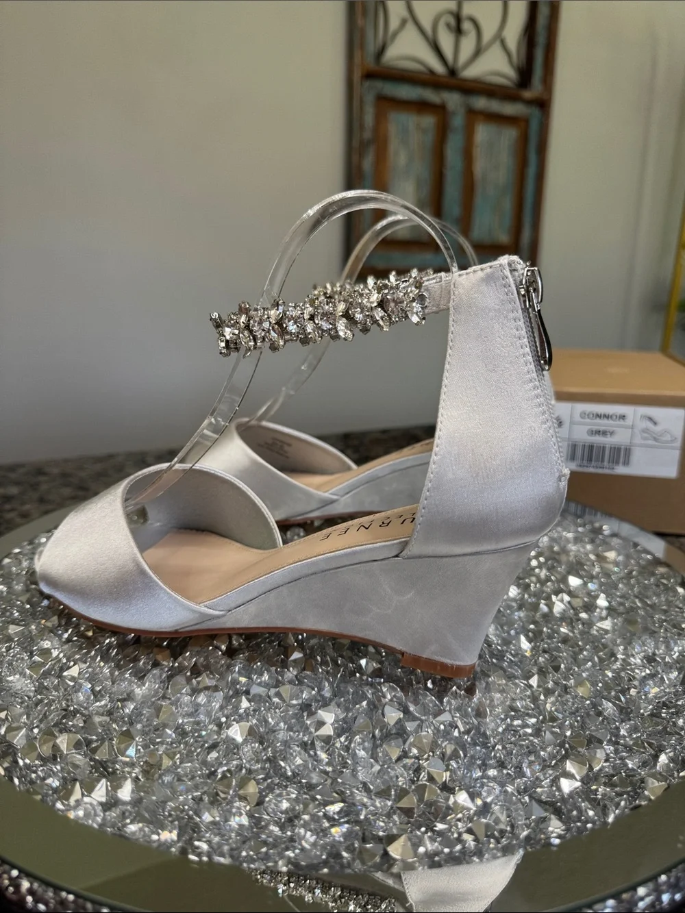 Journee Collection Conner Silver Satin Wedge Sandals Crystal Ankle Strap NEW 8.5